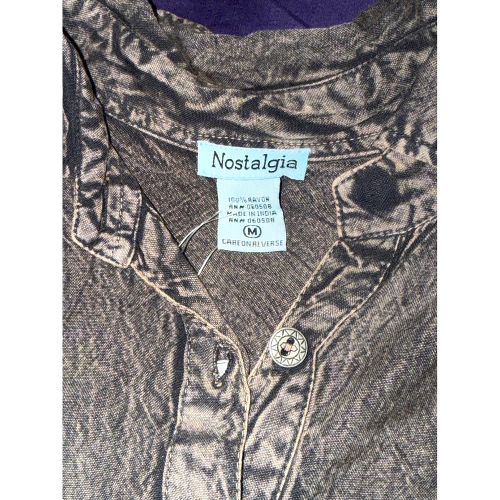Nostalgia Grey Brown Acid Wash Fringe Western Rayon Button Down Shirt Medium NWT - Picture 3 of 5